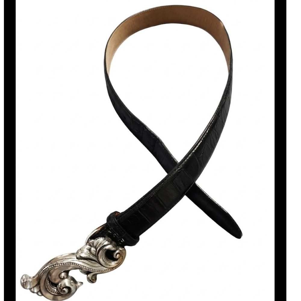 Brighton Womens Black Crocodile Embossed Leather‎ Belt Silver Scroll Buckle M